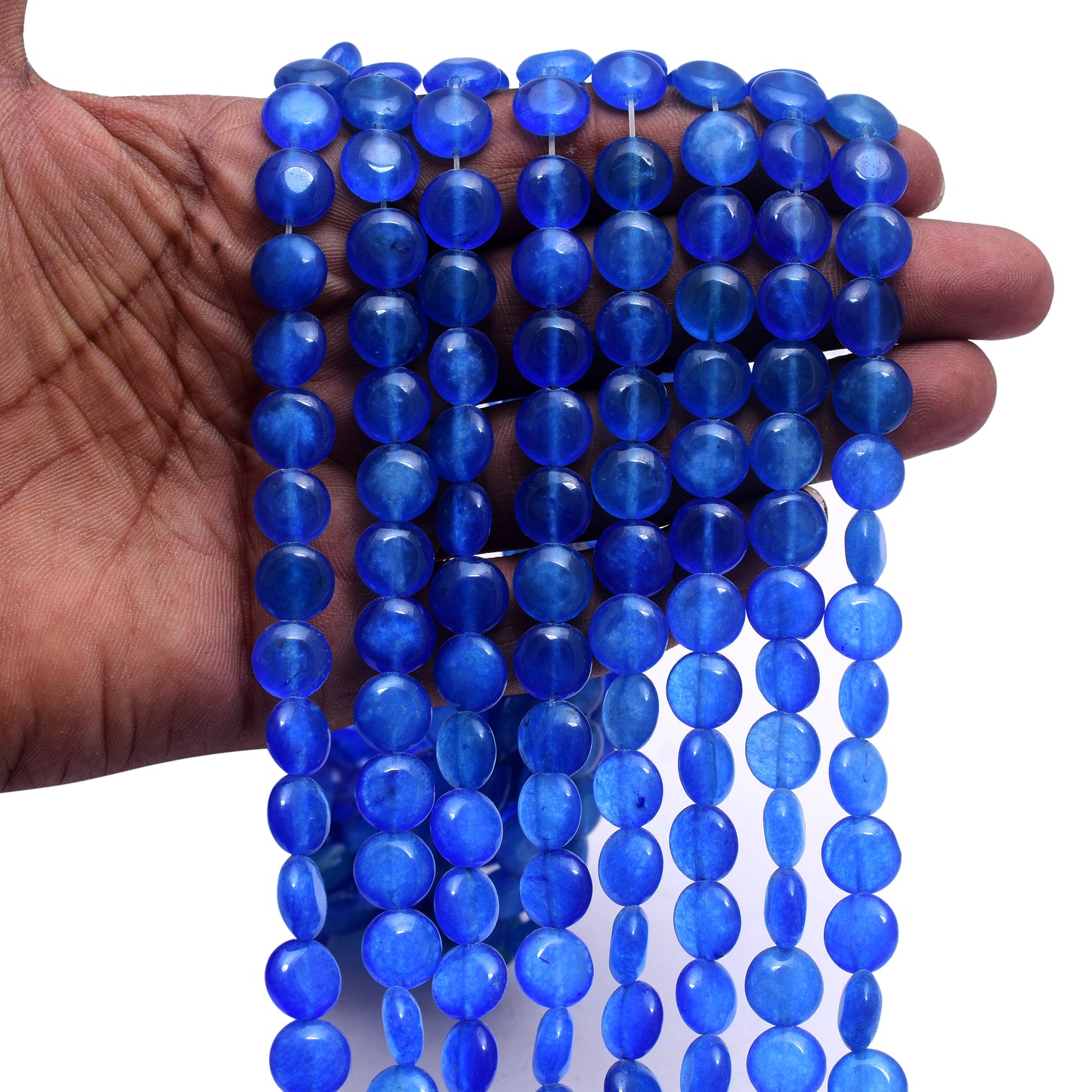 Kamal Gems | Blue Coin-Shaped Onyx Beads Strand, 15"