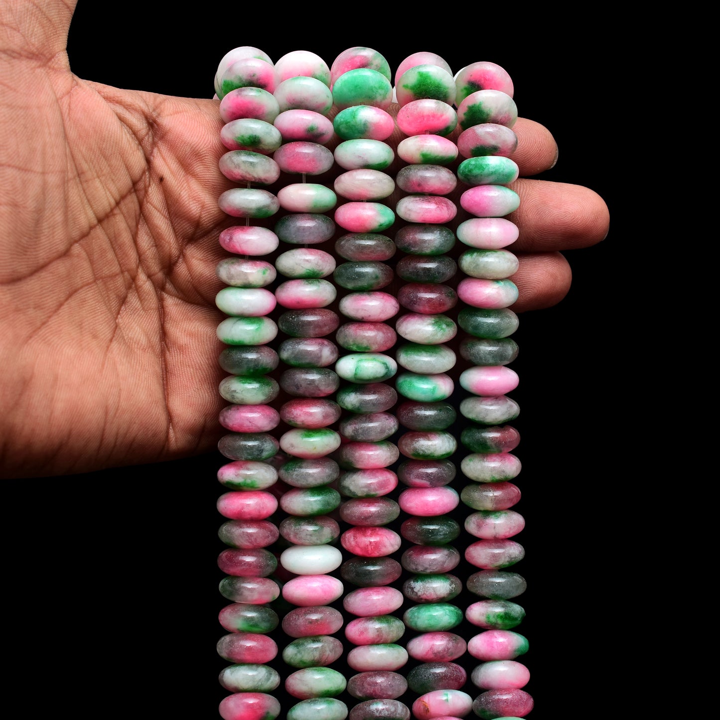 Kamal Gems | Green-Pink Rondelle Onyx Beads, 15"